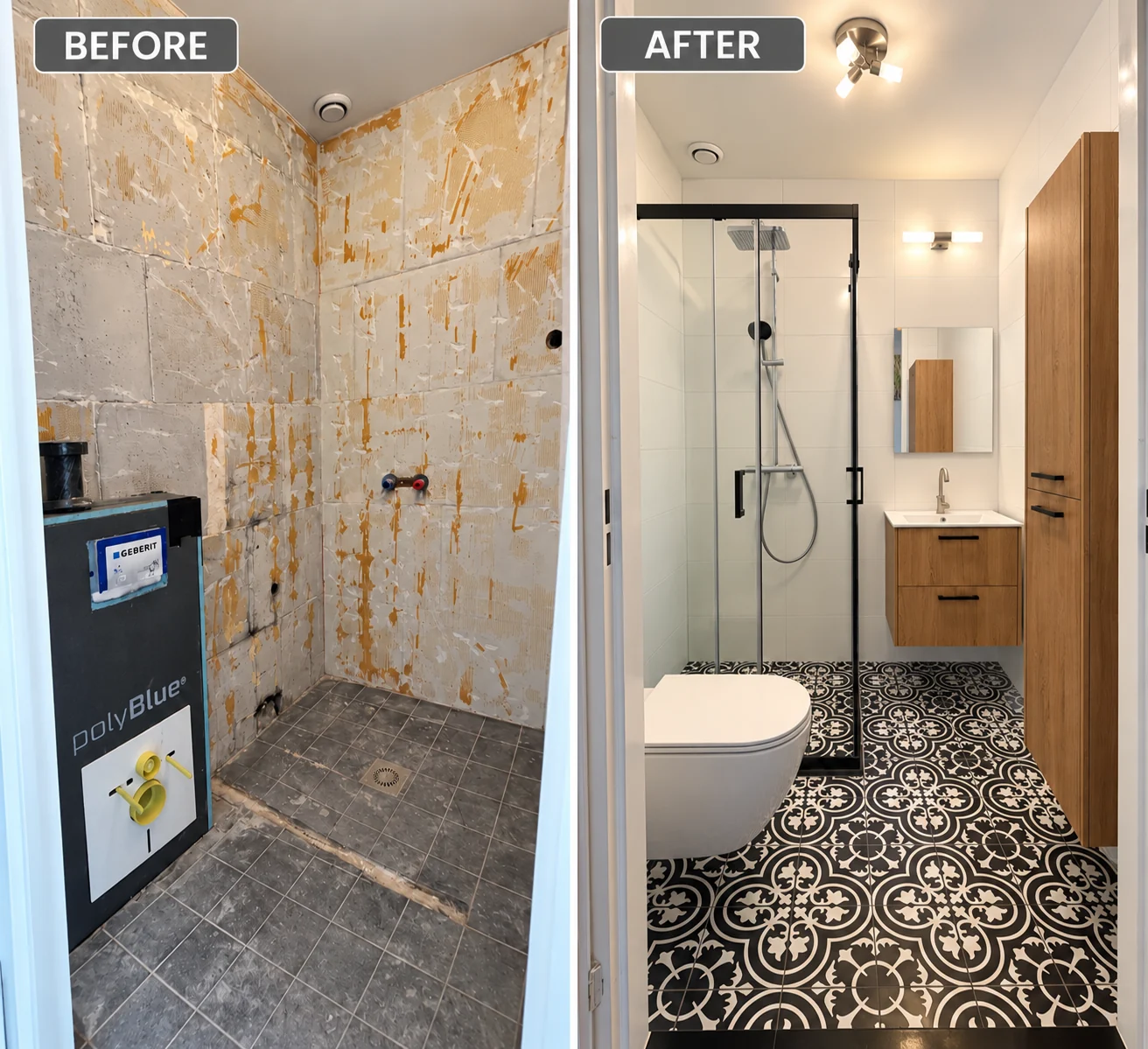 Badkamer voor en na renovatie, met douche, wastafel en toilet