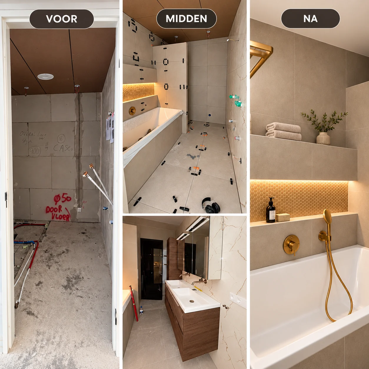 Badkamer voor, tijdens en na de renovatie